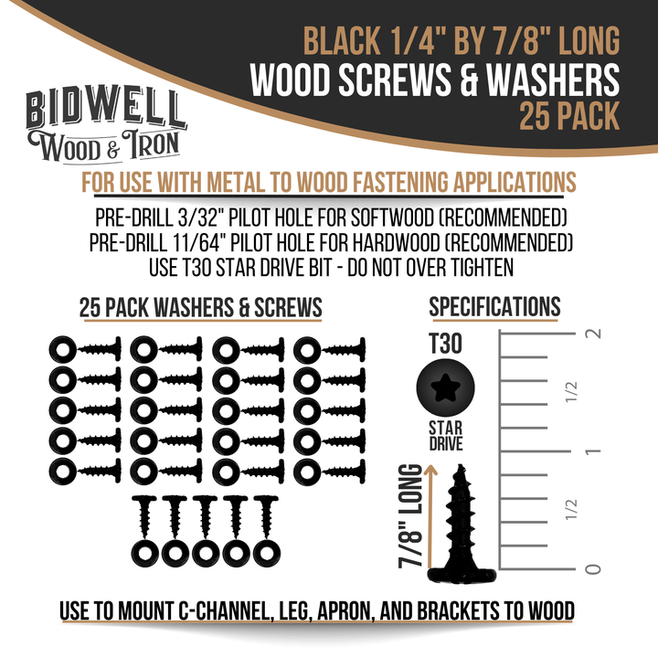 Black Wood Screws and Washers 1/4" x 7/8" Long - Bidwell Wood & Iron