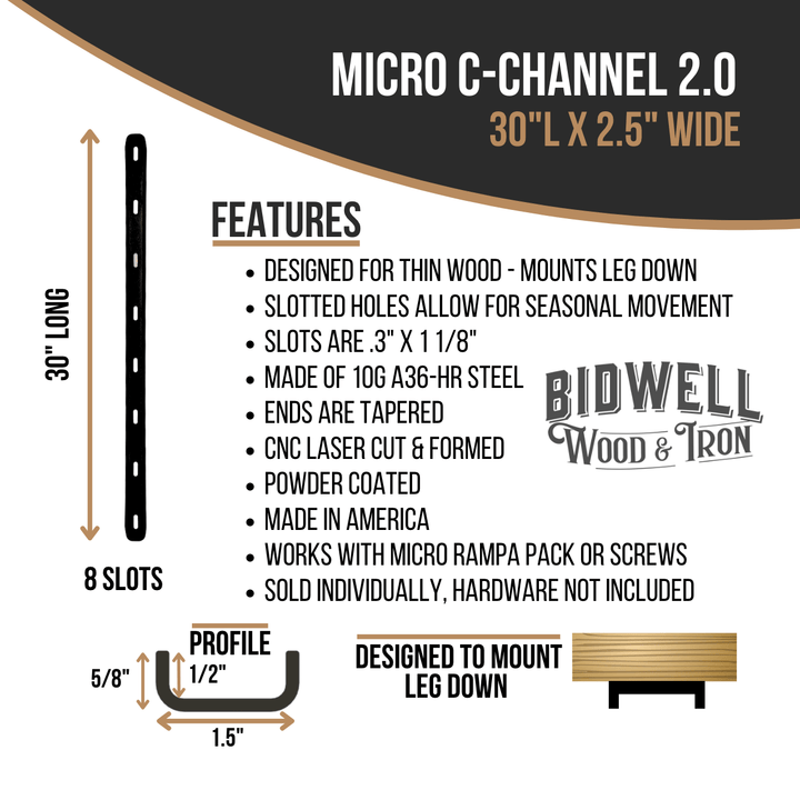 Micro C Channel - 1/2" Leg Metal Support Bracing, For Thin Live Edge Or Glue-Up Wood Tables - Bidwell Wood & Iron