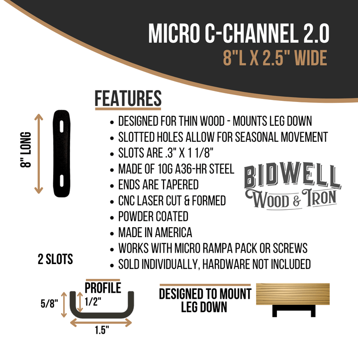 Micro C Channel - 1/2" Leg Metal Support Bracing, For Thin Live Edge Or Glue-Up Wood Tables - Bidwell Wood & Iron