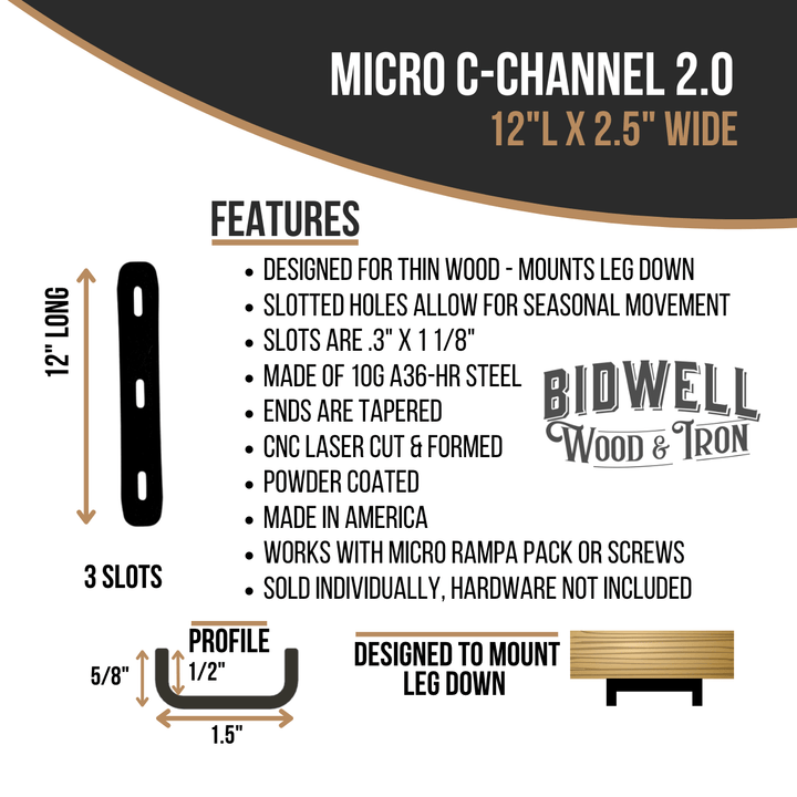 Micro C Channel - 1/2" Leg Metal Support Bracing, For Thin Live Edge Or Glue-Up Wood Tables - Bidwell Wood & Iron