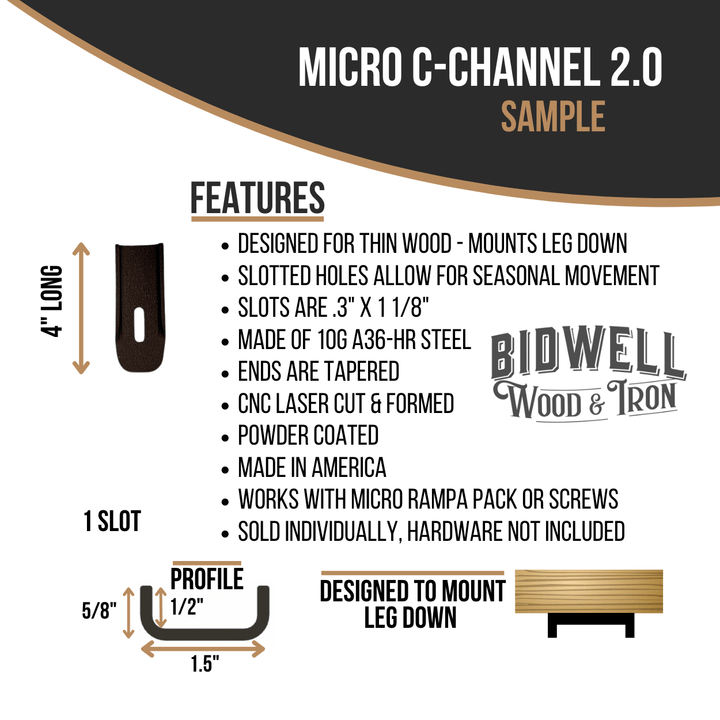 Micro C Channel - 1/2" Leg Metal Support Bracing, For Thin Live Edge Or Glue-Up Wood Tables - Bidwell Wood & Iron