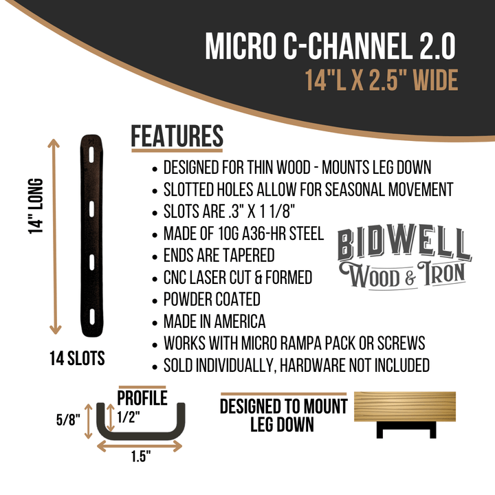 Micro C Channel - 1/2" Leg Metal Support Bracing, For Thin Live Edge Or Glue-Up Wood Tables - Bidwell Wood & Iron