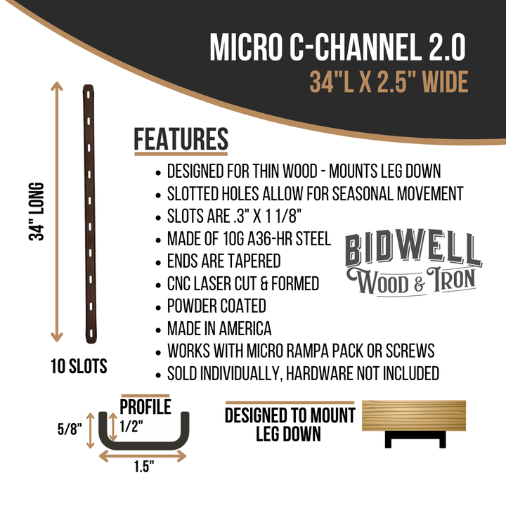 Micro C Channel - 1/2" Leg Metal Support Bracing, For Thin Live Edge Or Glue-Up Wood Tables - Bidwell Wood & Iron