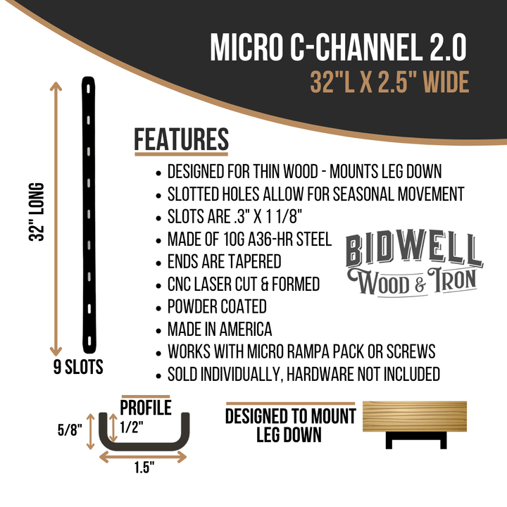 Micro C Channel - 1/2" Leg Metal Support Bracing, For Thin Live Edge Or Glue-Up Wood Tables - Bidwell Wood & Iron