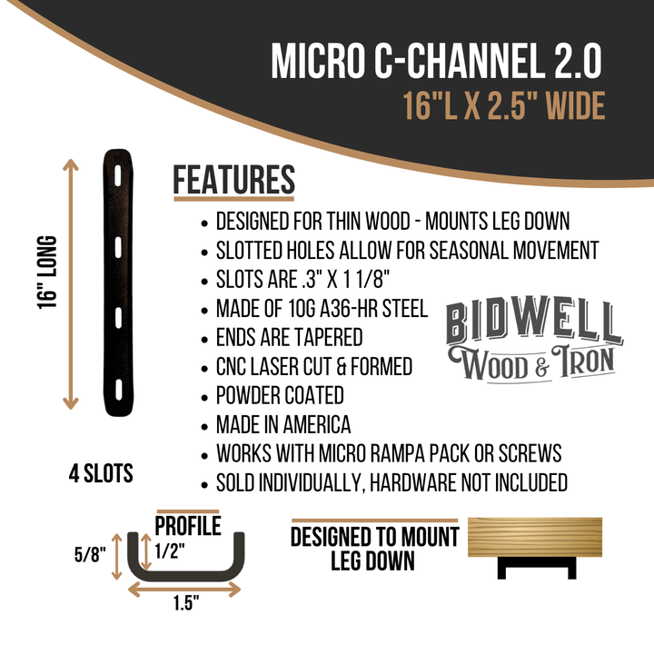 Micro C Channel - 1/2" Leg Metal Support Bracing, For Thin Live Edge Or Glue-Up Wood Tables - Bidwell Wood & Iron