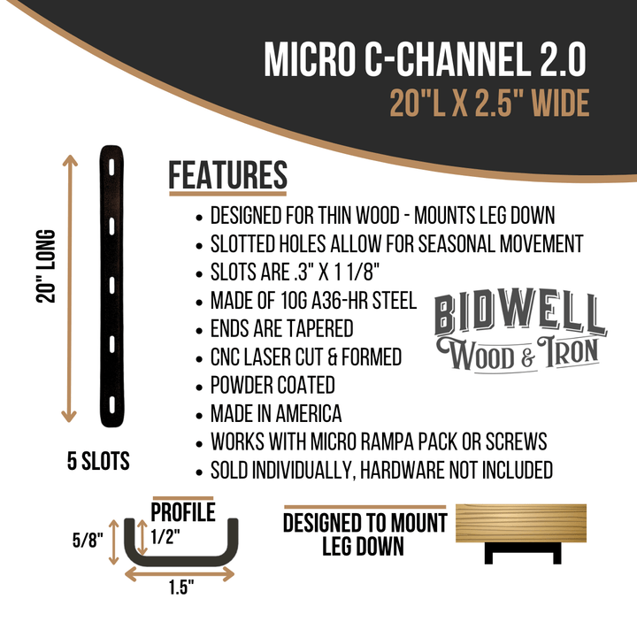 Micro C Channel - 1/2" Leg Metal Support Bracing, For Thin Live Edge Or Glue-Up Wood Tables - Bidwell Wood & Iron