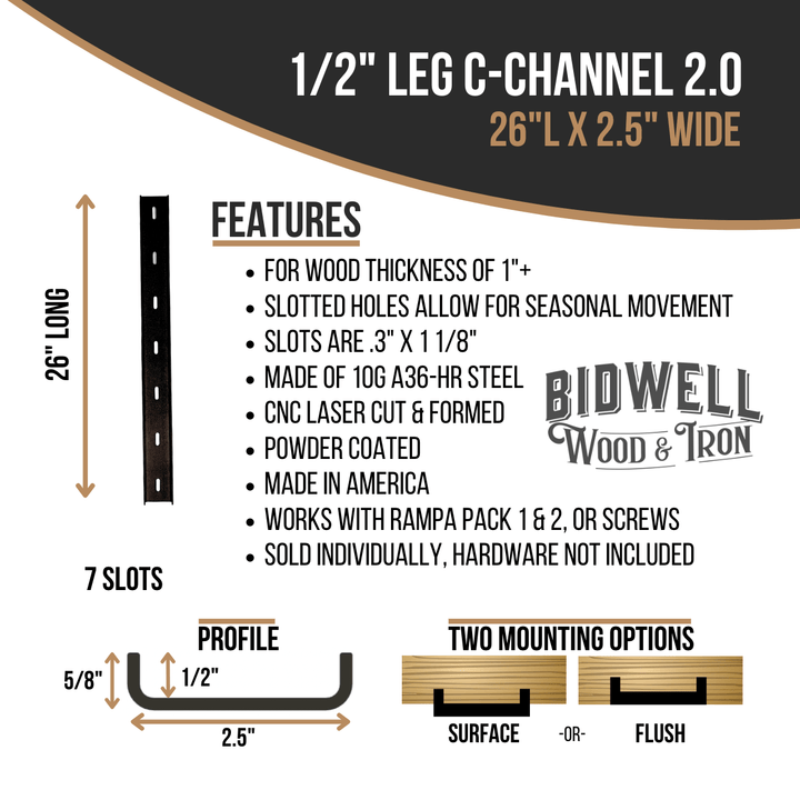 The Original C Channel 2.0 - 1/2" Leg Hidden Metal Support Bracing, For Live Edge Or Glue-Up Wood Tables - Bidwell Wood & Iron