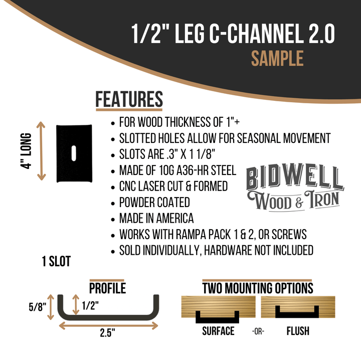 The Original C Channel 2.0 - 1/2" Leg Hidden Metal Support Bracing, For Live Edge Or Glue-Up Wood Tables - Bidwell Wood & Iron