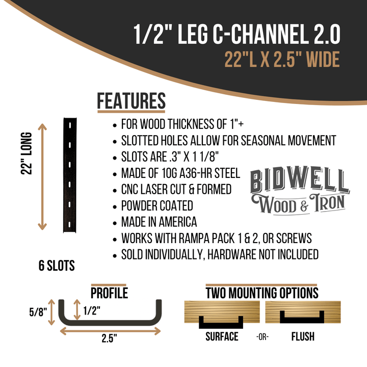The Original C Channel 2.0 - 1/2" Leg Hidden Metal Support Bracing, For Live Edge Or Glue-Up Wood Tables - Bidwell Wood & Iron