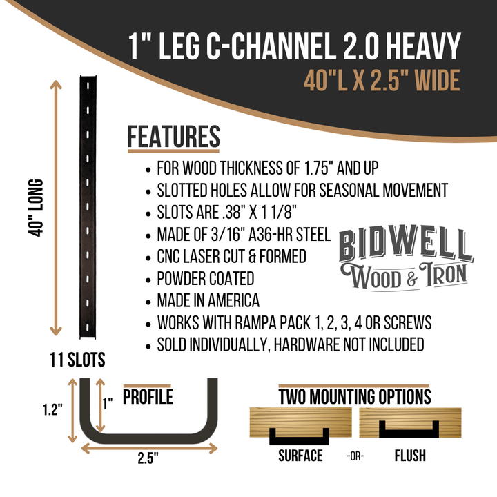 The Original C Channel 2.0 Heavy - 1" Leg Hidden Metal Support Bracing, For Live Edge Or Glue-Up Wood Tables - Bidwell Wood & Iron