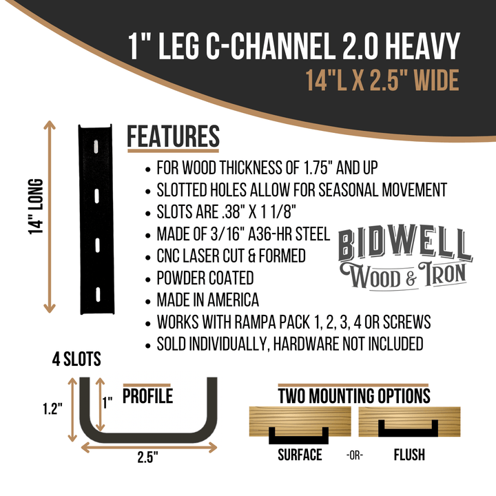 The Original C Channel 2.0 Heavy - 1" Leg Hidden Metal Support Bracing, For Live Edge Or Glue-Up Wood Tables - Bidwell Wood & Iron