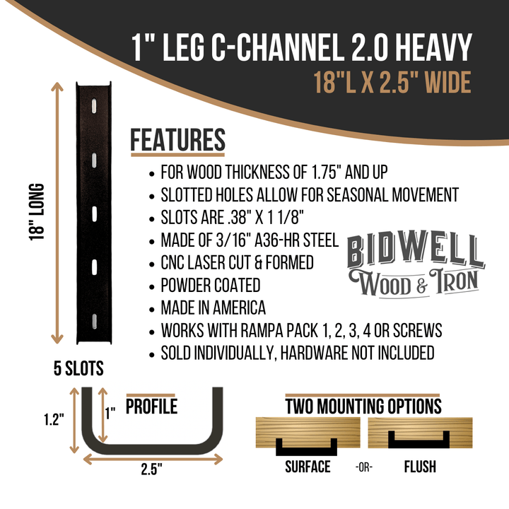 The Original C Channel 2.0 Heavy - 1" Leg Hidden Metal Support Bracing, For Live Edge Or Glue-Up Wood Tables - Bidwell Wood & Iron