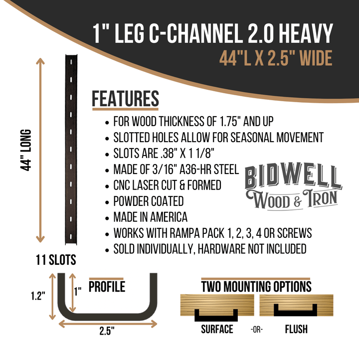 The Original C Channel 2.0 Heavy - 1" Leg Hidden Metal Support Bracing, For Live Edge Or Glue-Up Wood Tables - Bidwell Wood & Iron