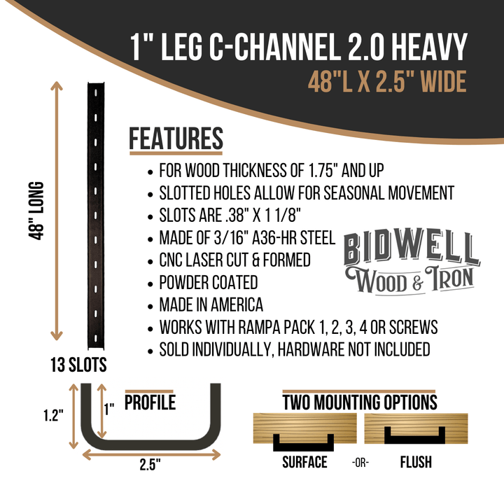 The Original C Channel 2.0 Heavy - 1" Leg Hidden Metal Support Bracing, For Live Edge Or Glue-Up Wood Tables - Bidwell Wood & Iron