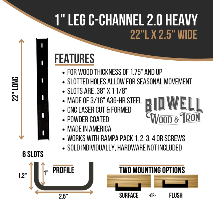 The Original C Channel 2.0 Heavy - 1" Leg Hidden Metal Support Bracing, For Live Edge Or Glue-Up Wood Tables - Bidwell Wood & Iron