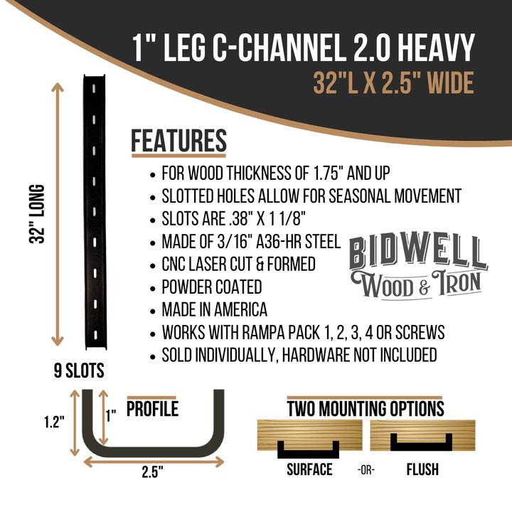 The Original C Channel 2.0 Heavy - 1" Leg Hidden Metal Support Bracing, For Live Edge Or Glue-Up Wood Tables - Bidwell Wood & Iron
