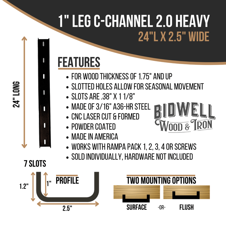 The Original C Channel 2.0 Heavy - 1" Leg Hidden Metal Support Bracing, For Live Edge Or Glue-Up Wood Tables - Bidwell Wood & Iron