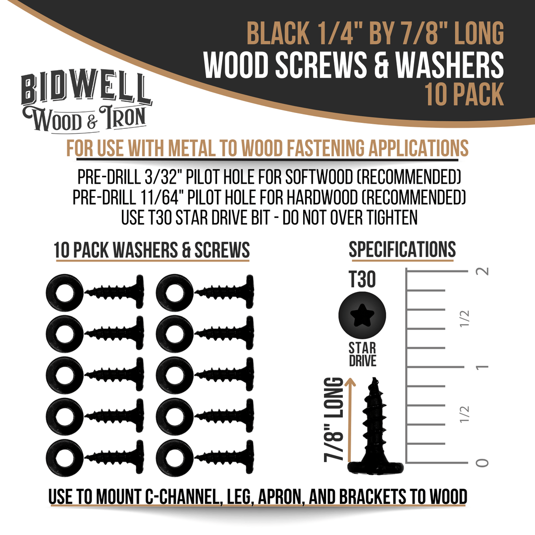Black Wood Screws and Washers 1/4" x 7/8" Long - Bidwell Wood & Iron