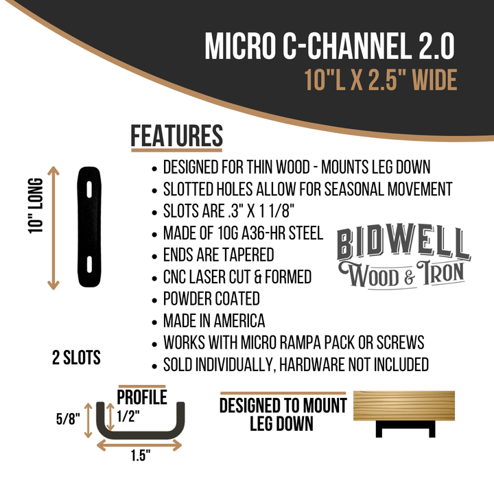 Micro C Channel - 1/2" Leg Metal Support Bracing, For Thin Live Edge Or Glue-Up Wood Tables - Bidwell Wood & Iron