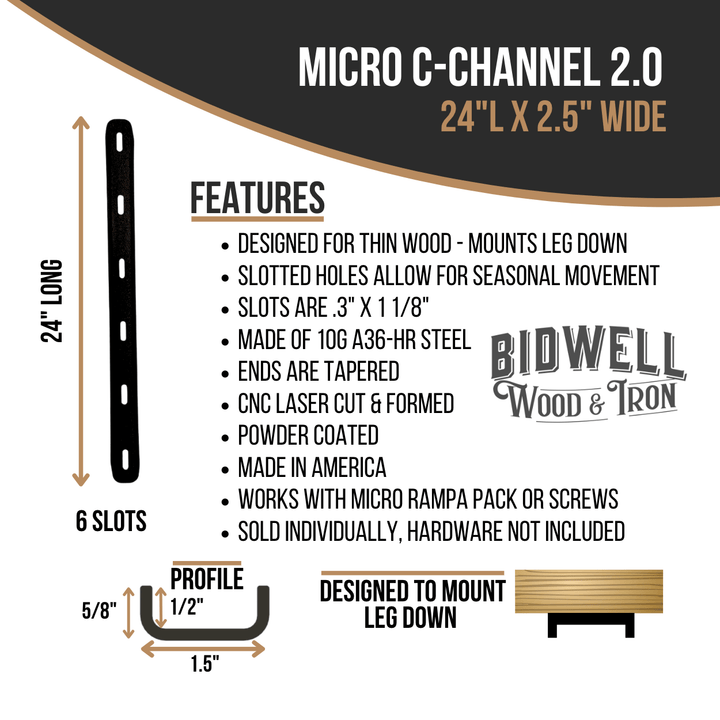 Micro C Channel - 1/2" Leg Metal Support Bracing, For Thin Live Edge Or Glue-Up Wood Tables - Bidwell Wood & Iron