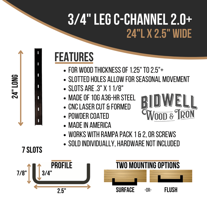 The Original C Channel 2.0+ 3/4" Leg Hidden Metal Support Bracing, For Live Edge Or Glue-Up Wood Tables - Bidwell Wood & Iron