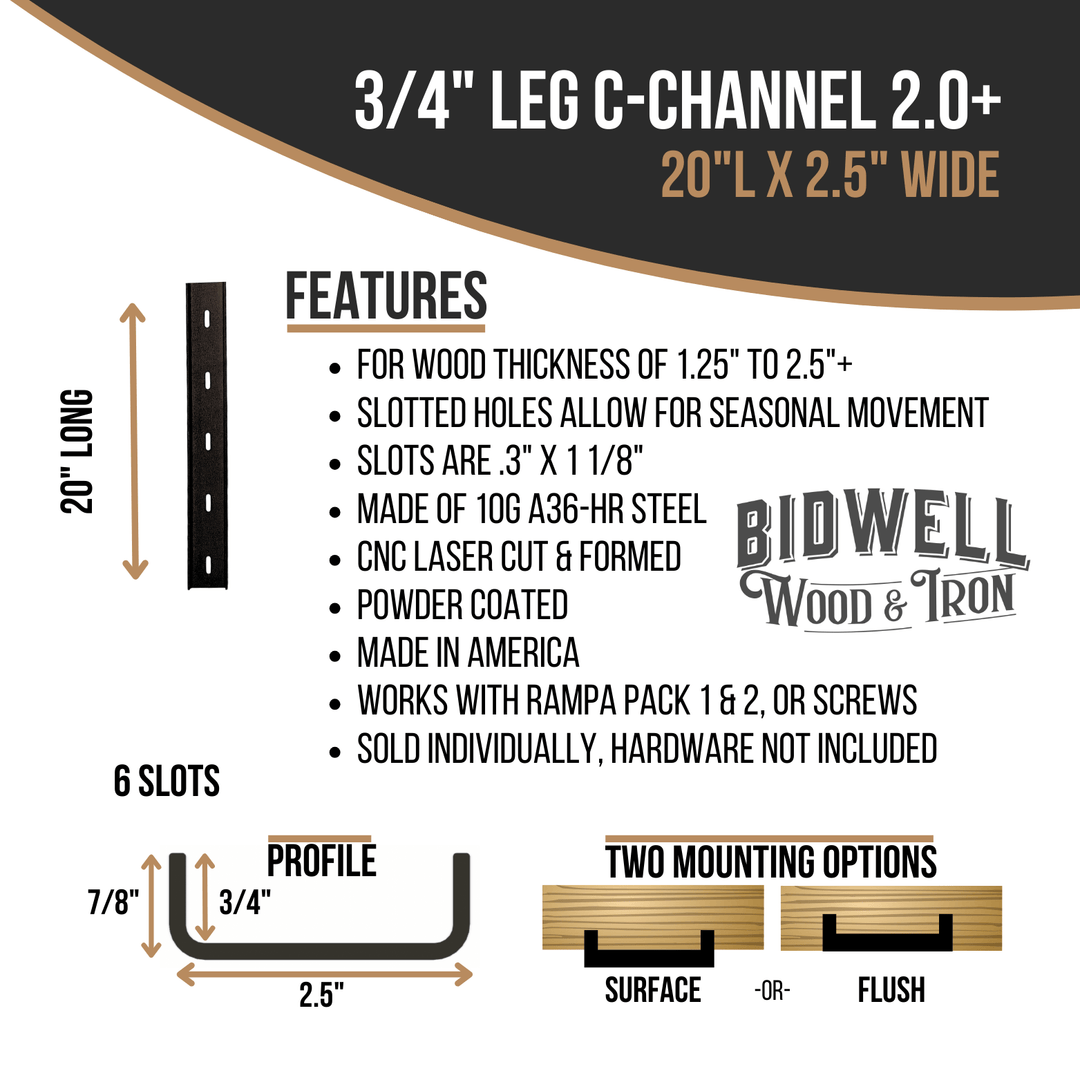 The Original C Channel 2.0+ 3/4" Leg Hidden Metal Support Bracing, For Live Edge Or Glue-Up Wood Tables - Bidwell Wood & Iron