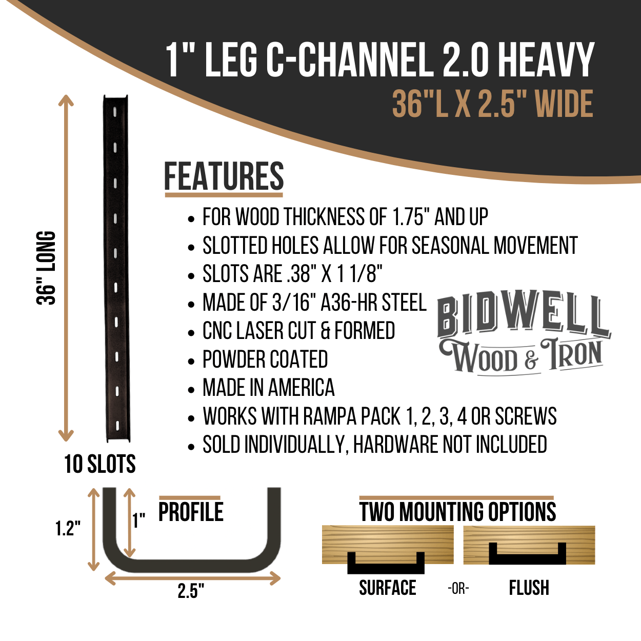 The Original C Channel 2.0 Heavy - 1" Leg Hidden Metal Support Bracing, For Live Edge Or Glue-Up Wood Tables - Bidwell Wood & Iron