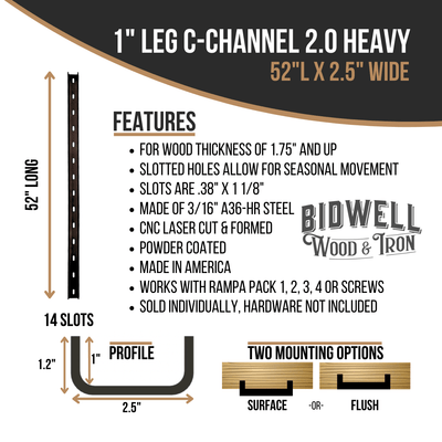 The Original C Channel 2.0 Heavy - 1" Leg Hidden Metal Support Bracing, For Live Edge Or Glue-Up Wood Tables - Bidwell Wood & Iron