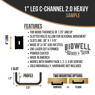 The Original C Channel 2.0 Heavy - 1" Leg Hidden Metal Support Bracing, For Live Edge Or Glue-Up Wood Tables - Bidwell Wood & Iron