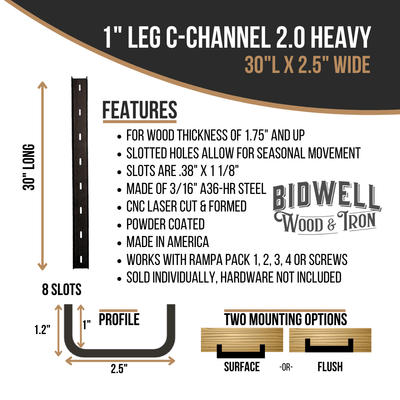 The Original C Channel 2.0 Heavy - 1" Leg Hidden Metal Support Bracing, For Live Edge Or Glue-Up Wood Tables - Bidwell Wood & Iron