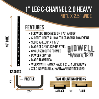 The Original C Channel 2.0 Heavy - 1" Leg Hidden Metal Support Bracing, For Live Edge Or Glue-Up Wood Tables - Bidwell Wood & Iron