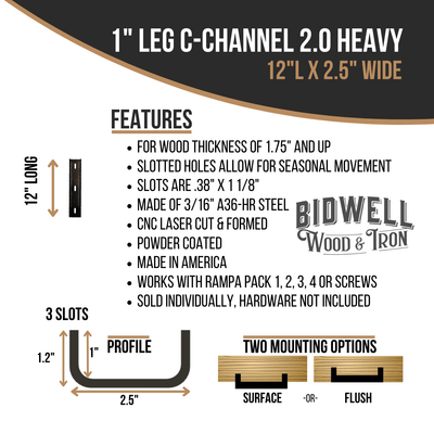 The Original C Channel 2.0 Heavy - 1" Leg Hidden Metal Support Bracing, For Live Edge Or Glue-Up Wood Tables - Bidwell Wood & Iron