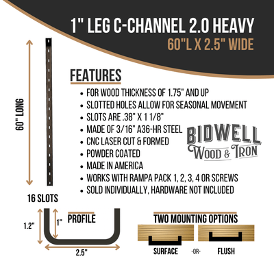 The Original C Channel 2.0 Heavy - 1" Leg Hidden Metal Support Bracing, For Live Edge Or Glue-Up Wood Tables - Bidwell Wood & Iron